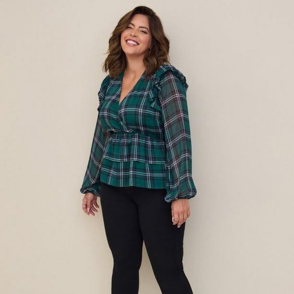 Torrid Size 2 - Chiffon Ruffled Surplice Crop Top - Plaid Green - Picture 1 of 4
